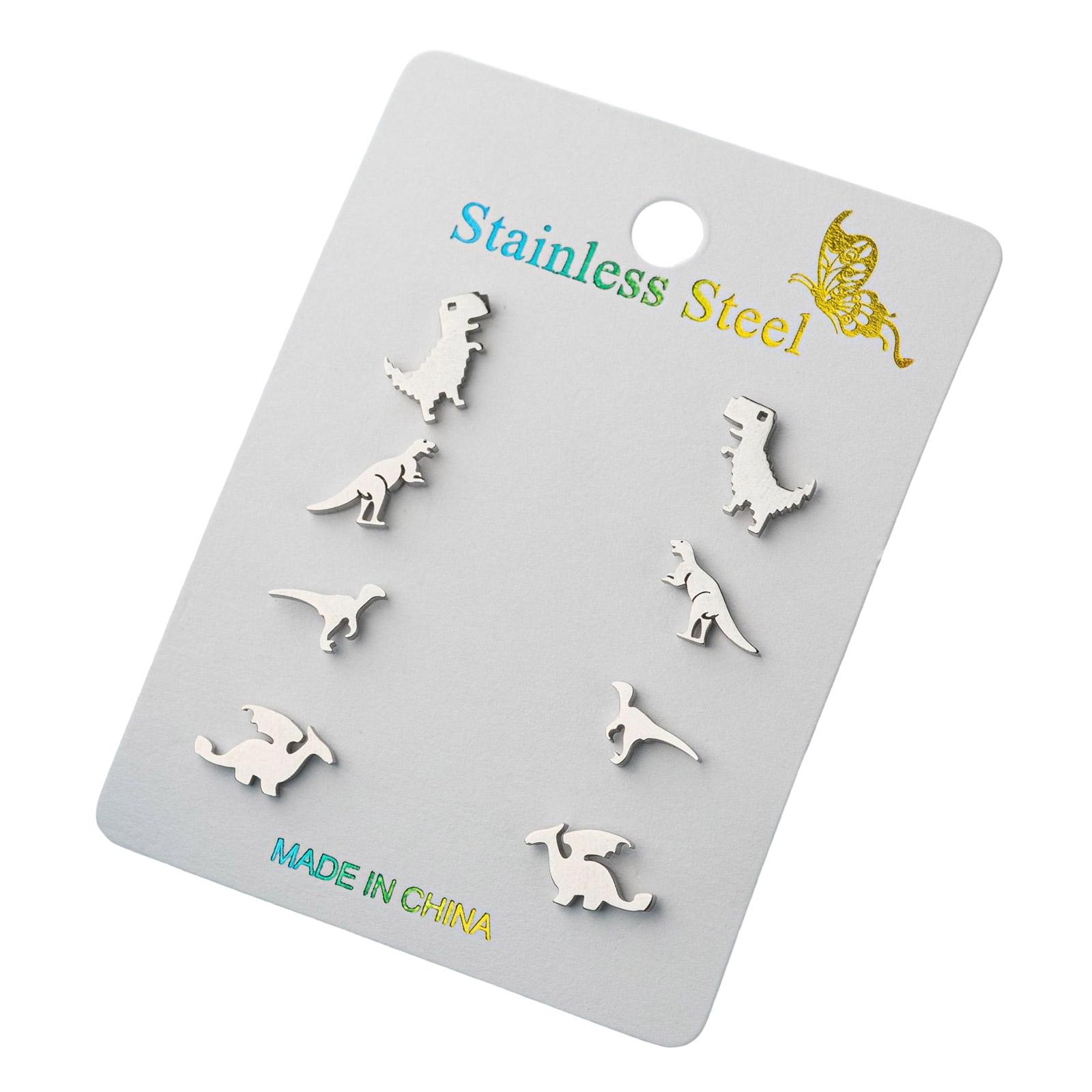 

4 пары сережек-гвоздиков в виде динозавров. Креативные аксессуары для ушей. Серьги-гвоздики в виде животных, подходящие для подростков и молодых любителей моды. разноцветный