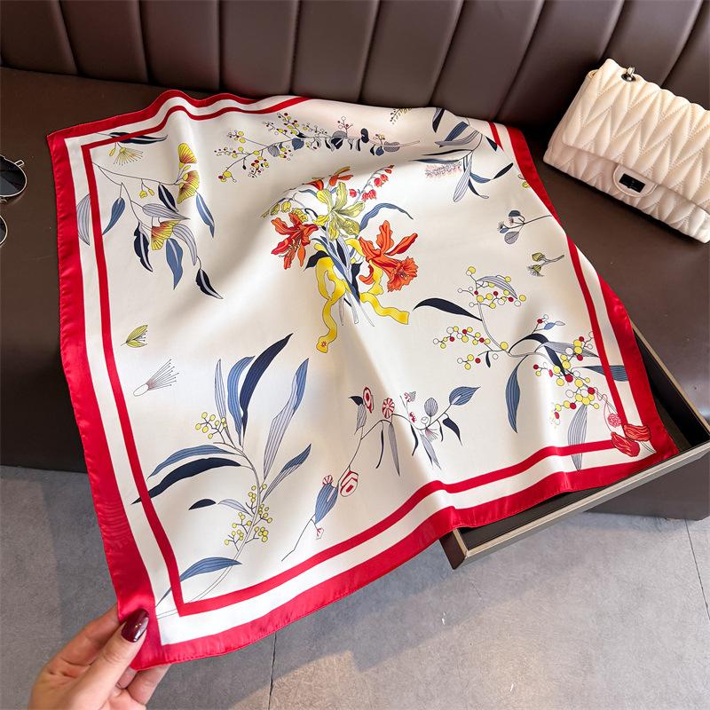 Elegant Flower Simulation Silk Printing Silk Scarf Square Scarf High-end Shawl Sunscreen Neck Professional Scarf Headscarf Scarf