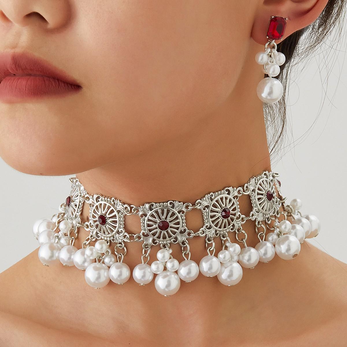 Vintage Retro Bohemian Ethnic Alloy Rhinestone Earrings Necklace Set with Pearl Necklace , Jewelry Set for Women красный