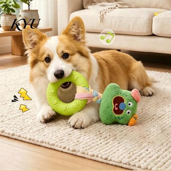 Boredom Buster Toys for Home Squeaky Dog Chew Toy, Rubber Ring with Stuffed Puppy, Safe TPR Material Pet Supplies Interactive Fetch Tug Toy Aggressive