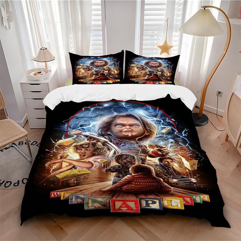 Juego de Ropa de Cama con Estampado Chucky de Horror Definitivo de 3 Piezas (1 funda + 2 fundas de almohada, sin relleno), Este Juego de Cama Estampado es Suave y Cómod