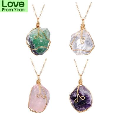 Natural Raw Stone Irregular Twist Crystal Quartz Pendant Necklace Copper Wire Wrapped Goldtone