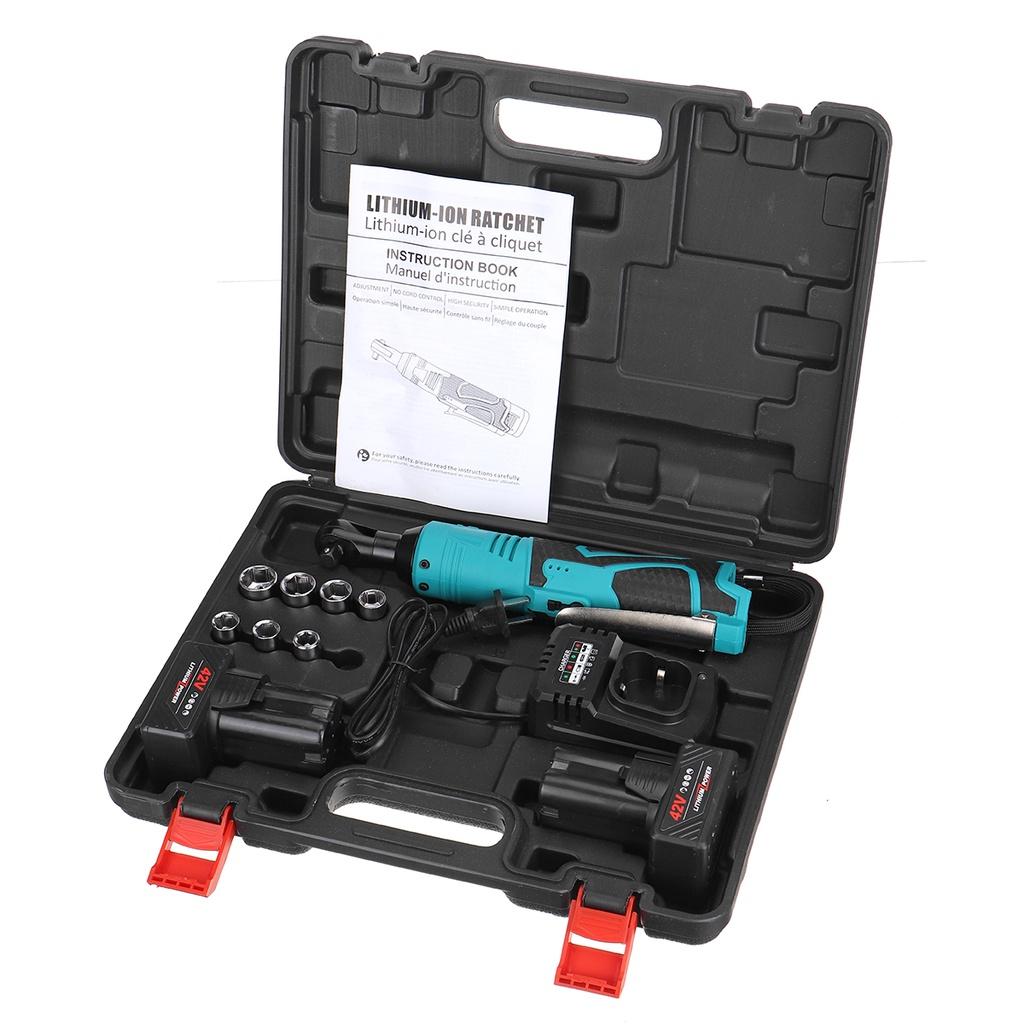 42V 3/8"" 110-240V 80N.m Power Tool Electric Ratchet Wrench with 2 Lithium-Ion Battery Charger Kit Rechargeable Cordless Electric Wrench