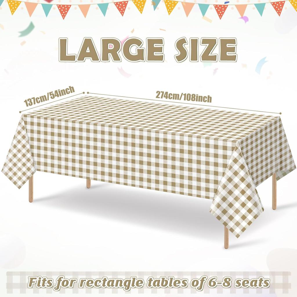 Hallswl 3pcs Khkai Gingham Tablecloth,Brown Beige Checkered Tablecloths Buffalo Plaid Disposable Plastic Table Covers for Birthday Baby Shower Bridal