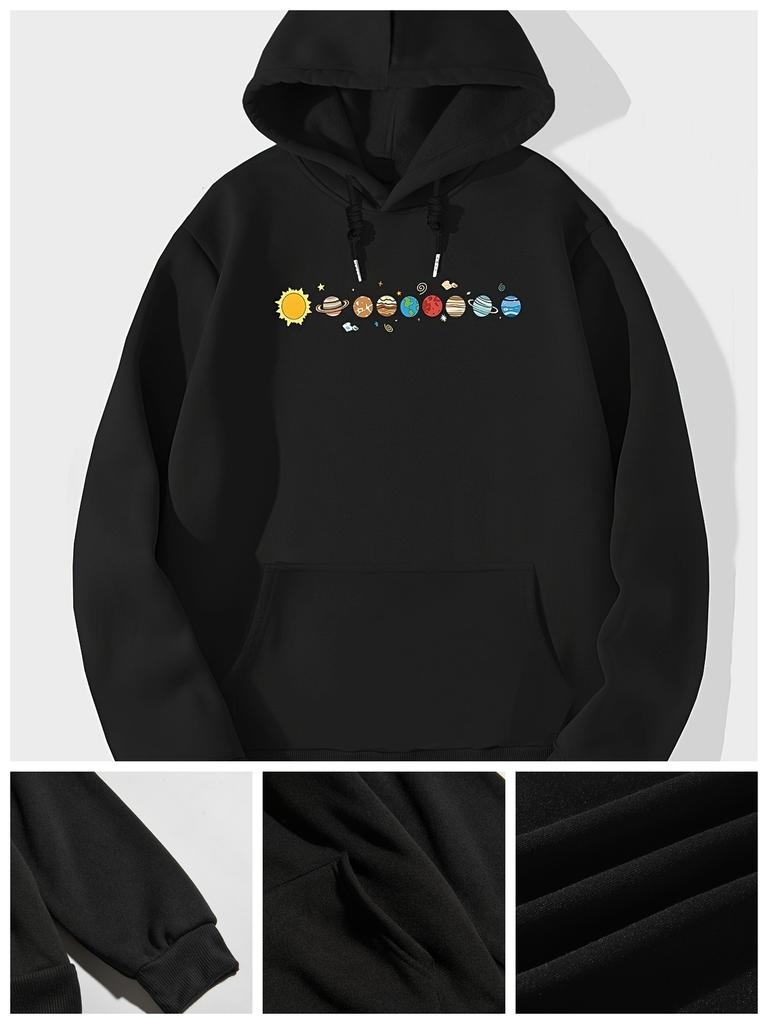 Drawstring Hoodie with Kangaroo Pocket, Men's Casual Long-sleeved Solid-color Pullover Hoodie with Letter Print