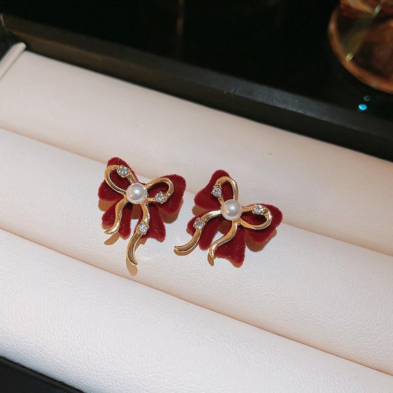 New Year's red flower flocking stud earrings women's niche earrings versatile earrings autumn and winter