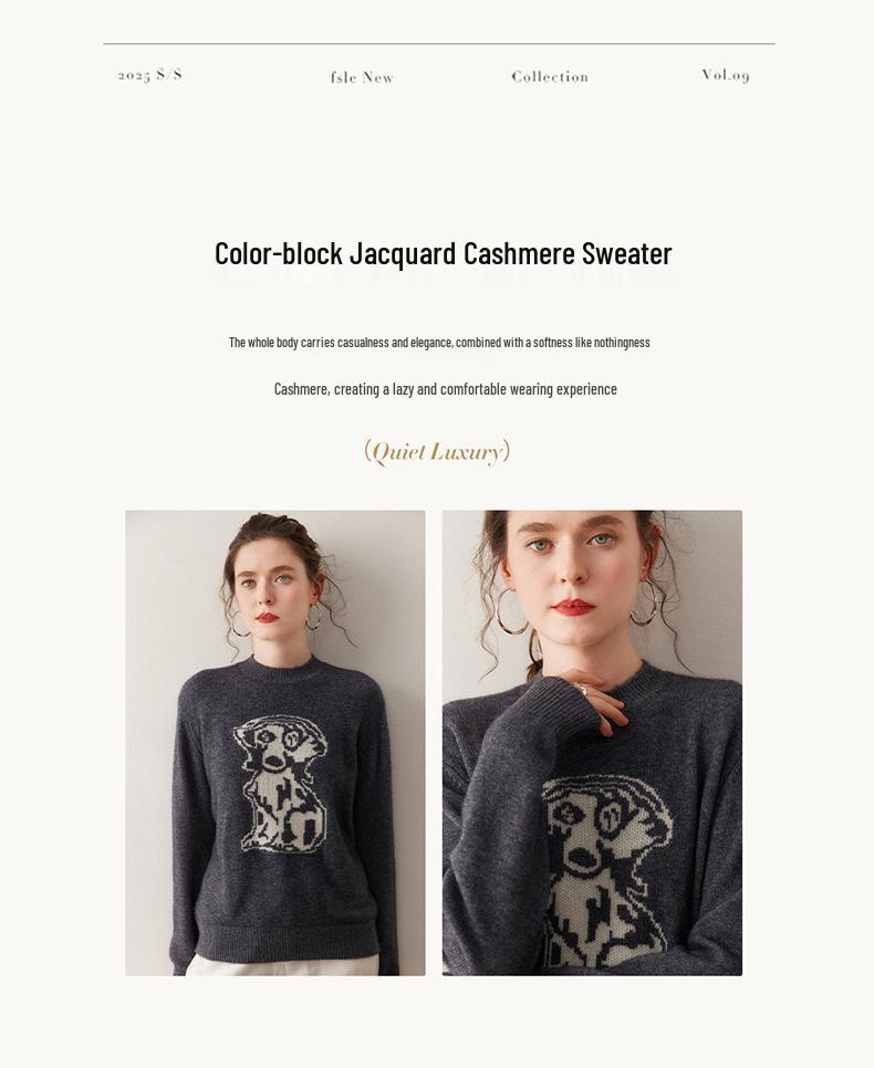 Women's Animal Jacquard Cashmere Sweater - Loose Fit, Slimming, Round Neck Knitwear for Autumn/Winter Fashion