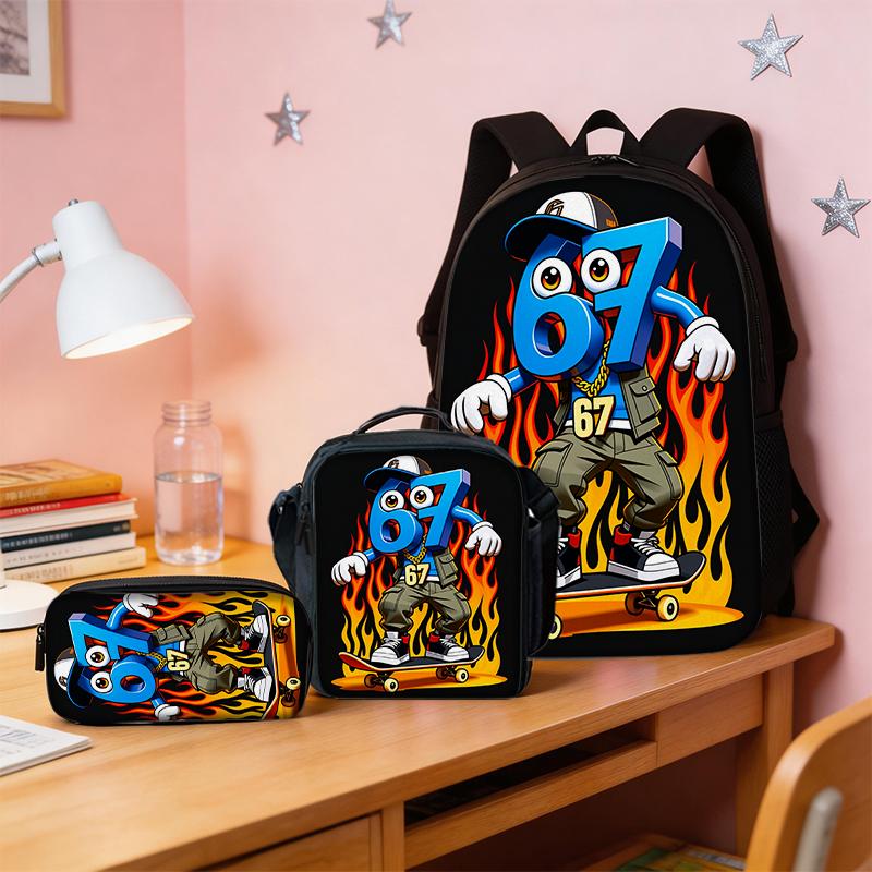 3pcs Number 6&7 Pattern Large-Capacity Casual Backpack Set with Matching Clutch And Tote Bag for Daily Commute