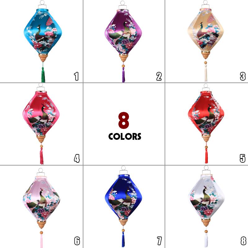 12/14Inch Chinese Traditional Style Silk Lantern Retro Peacock Pattern Hanging Lantern Vietnam Japan Spring Festival Party Decor