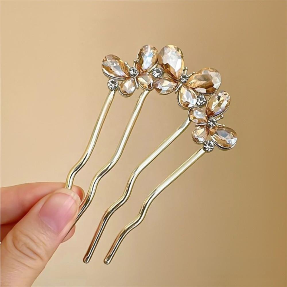 Elegant Flower U-shaped Hair Fork Clip Pearl Metal Hair Combs Butterfly Hair Stick Updo Styling