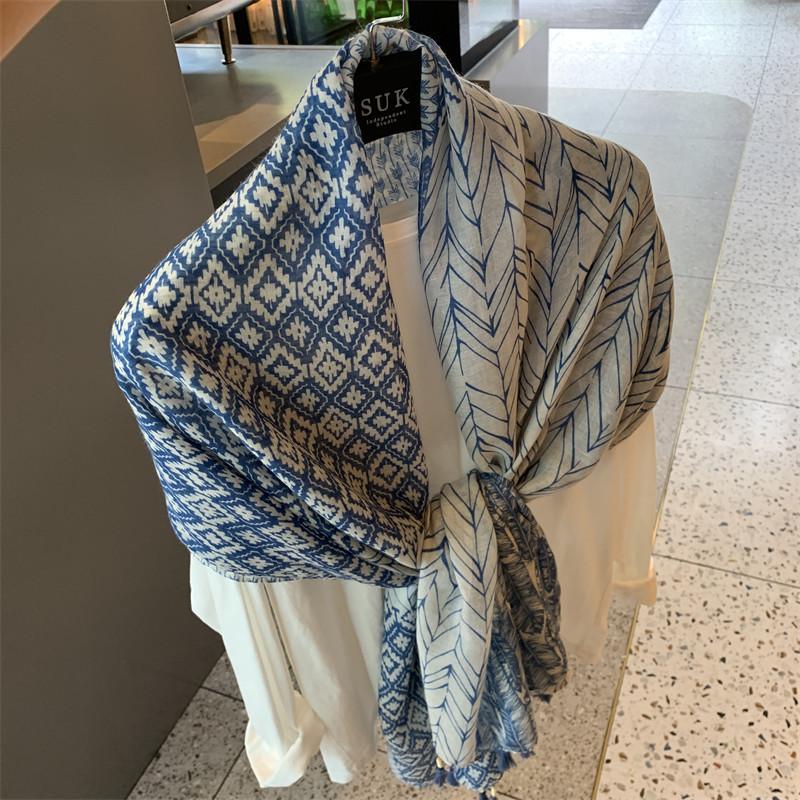 Silk Scarf Women's Summer Korean Version Versatile Thin Gauze Cotton and Linen Scarf Blue Feather Fringed Beach Towel Sun Protection Shawl