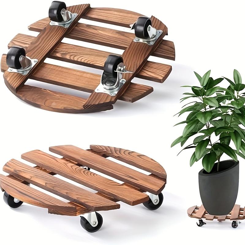 Solid Pine Wood Plant Caddy with 2 Lockable 360° Wheels - Circular Rolling Plant Stand for Indoor/Outdoor Use, Patio, Flower Pot