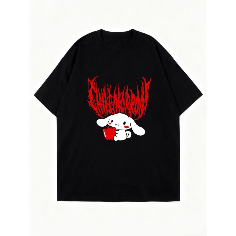 Oversized T Shirt Black Cute Bunny Holding Apple With Red Text Design For Casual Wear