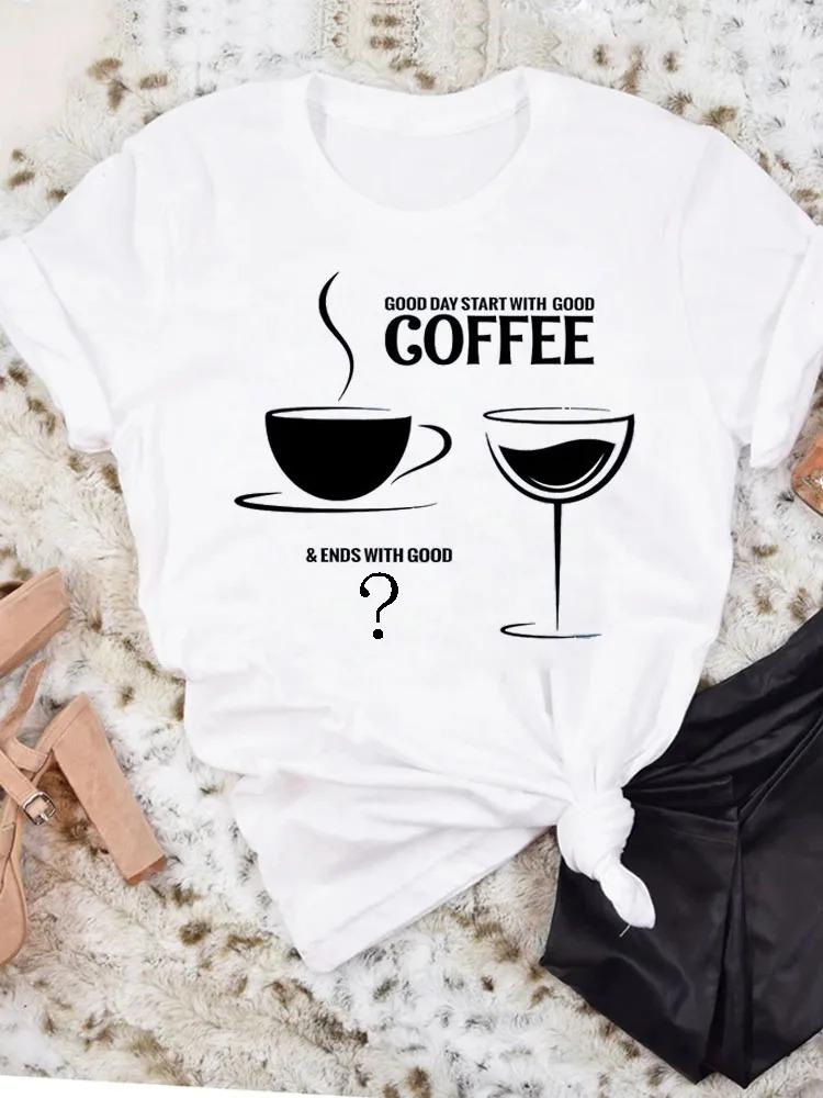 AM Coffee PM Red Wine TShirt Casual Short Sleeve Y2k Tops Womens Clothing Simple Design Fashion Harajuku White Graphic Tees