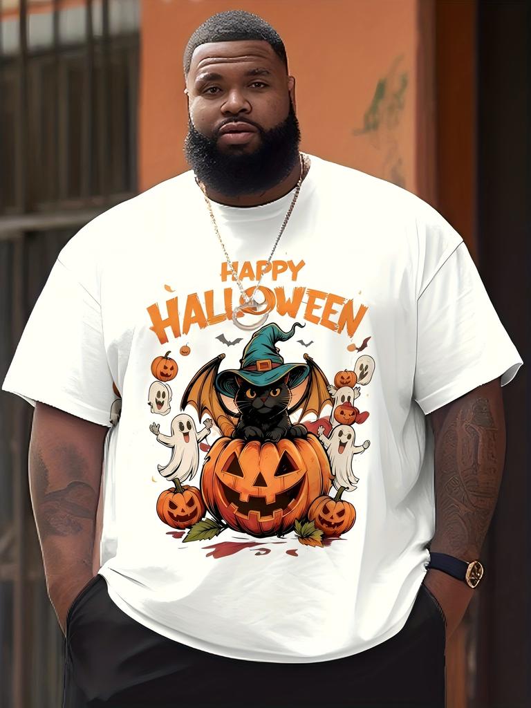 MenS Halloween Pumpkin Head Black Cat  Ghost Print TShirt  Large Size Breathable Round Neck Short Sleeve