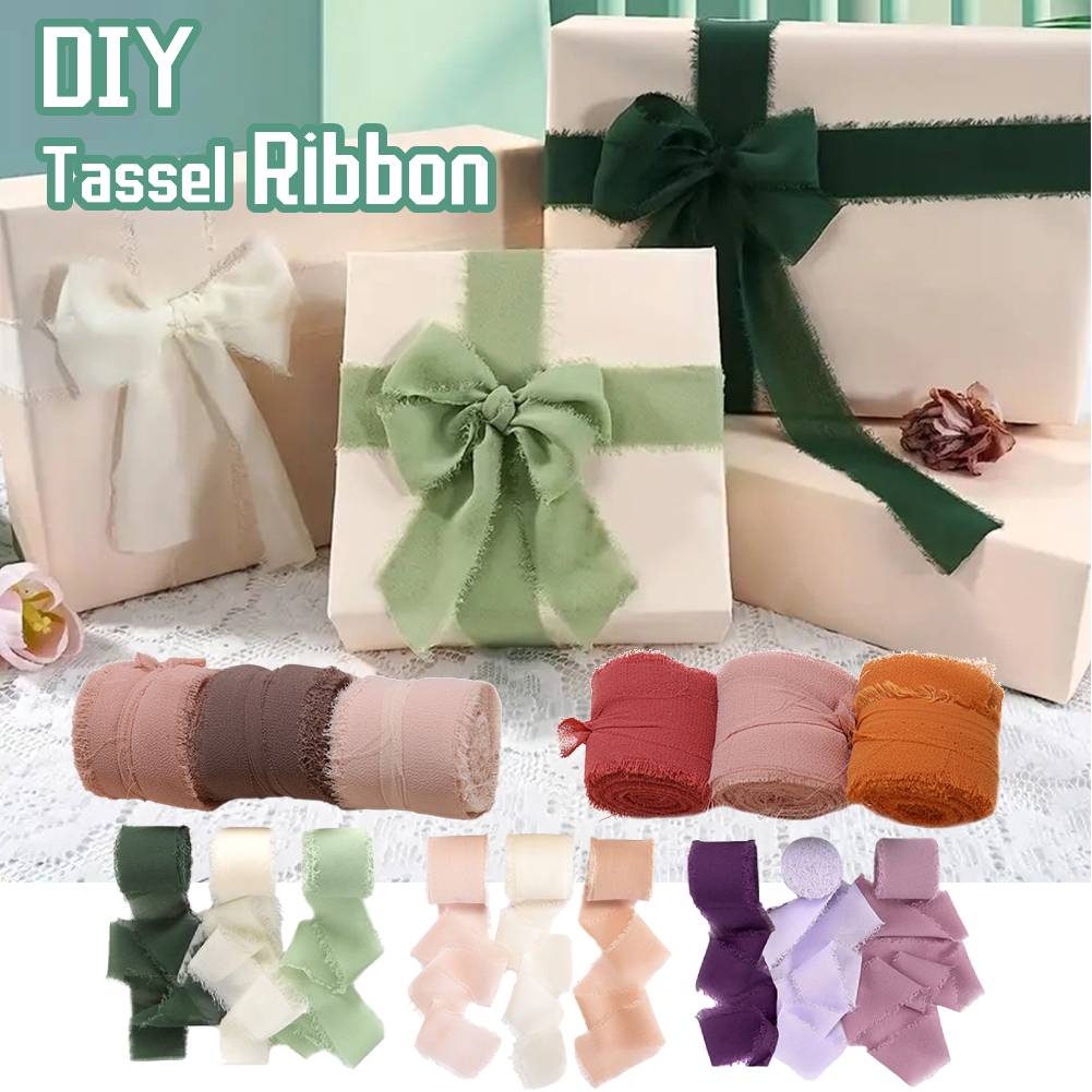 3 Rollen Chiffonseidenband Einfarbig Ausgefranstes Kantenband Handgefertigtes Chiffonband für Hochzeitseinladung, Bouquetverpackung, DIY
