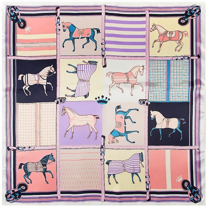 

European Fashion Bandannas New Horse Print Sunscreen 90CM Kerchief Four Seasons Luxury Imitation Silk Scarves for Women 90x90cm