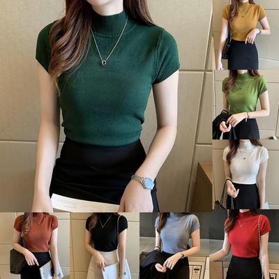 Primavera e verão meia gola camisa de fundo camiseta feminina meia manga camisola de malha camisola interior curto fino topo