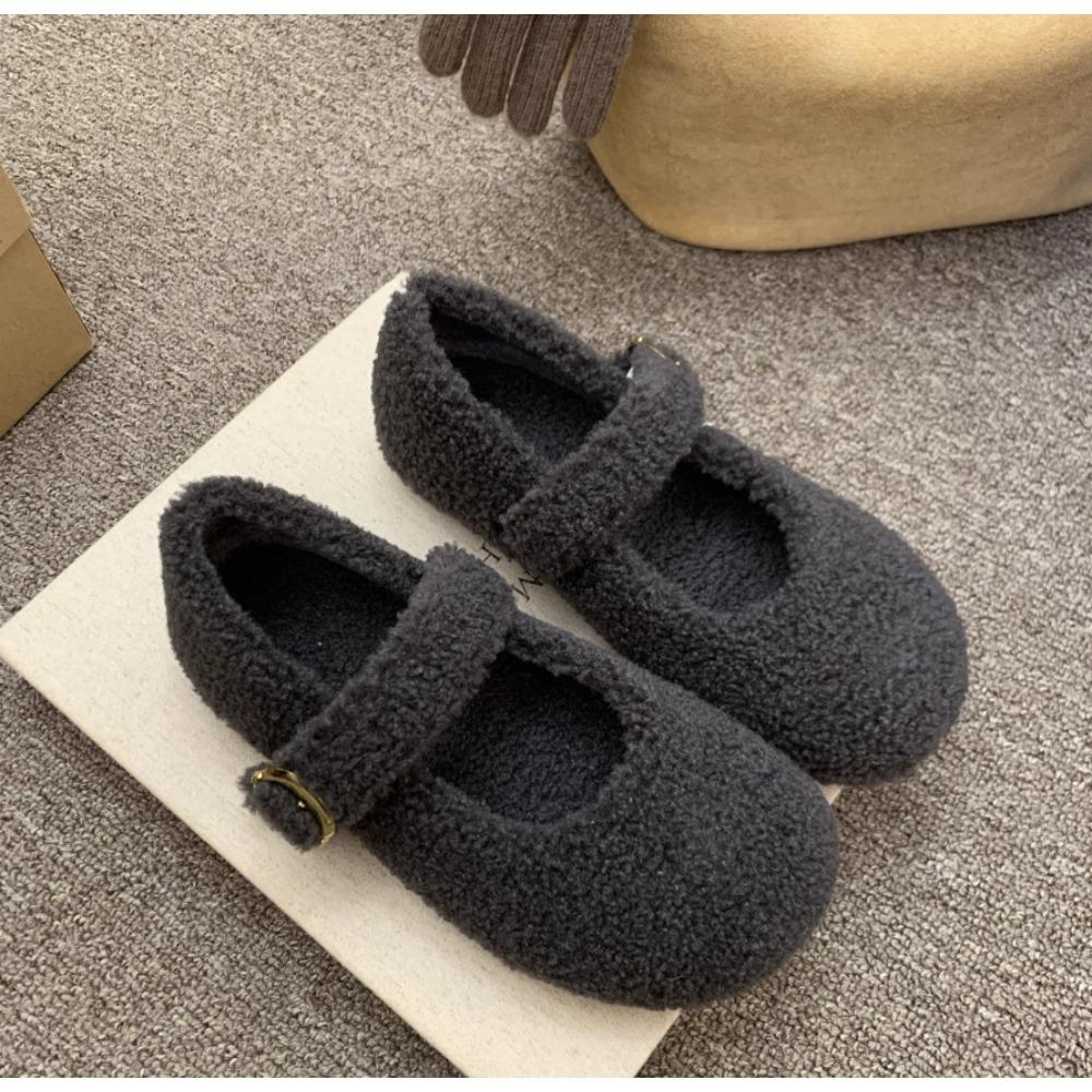Fashion Round Toe Wool Ballet Flats Woman Concise Warm Plush Loafers Ladies Brand Design Fluffy Mary Jane Shoes in Red Grey