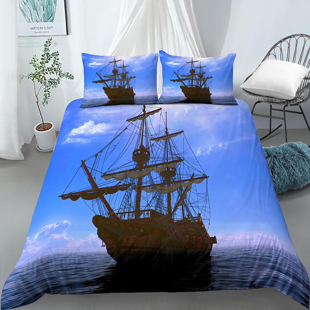 Nautisk Segelbåt Påslakan Queen King Size 3D Oljemålning Båtstil Sängkläder Set Ocean Mjuk 2/3 Delar Polyester Täcke Överdrag