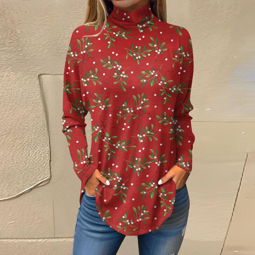 Tricouri pentru femei, toamnă, ocazional, cămăși cu mânecă lungă, hanorac, cu imprimeu vintage, cu gât înalt, pulover