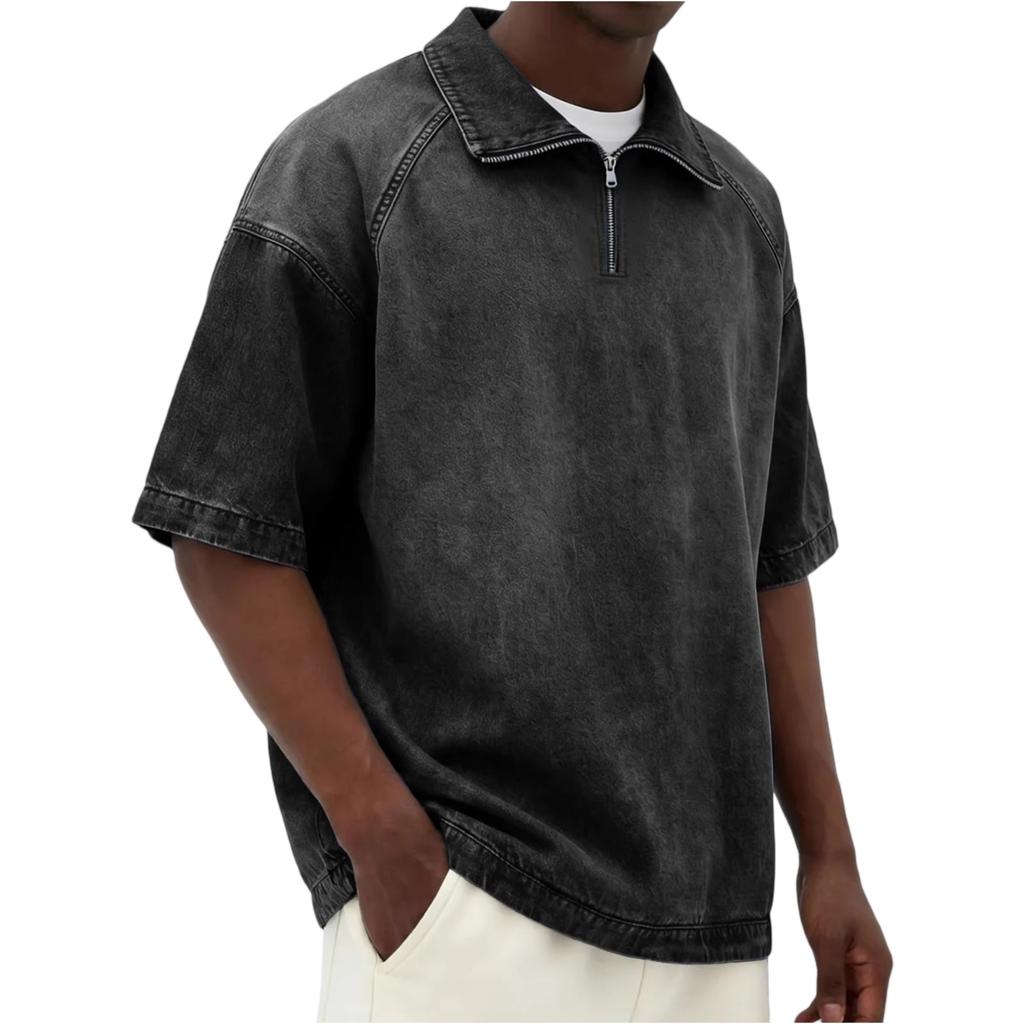 Men's Casual American- Denim-like Fabric Short-sleeved Shirt - Men's Retro Trendy Fitted Collar Zipper Jacket