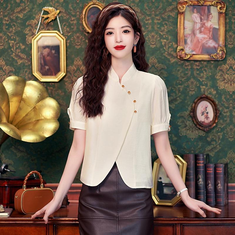 Fashion New Summer Chinese Style Stand Collar Short Sleeve Chiffon Blouse Shirt Women Tops J391