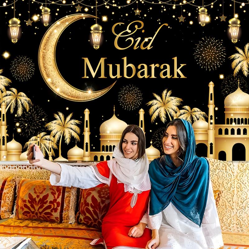 Black-Gold Eid Mubarak Tapestry Islamic Festival Wall Hanging Suitable For Home Party Living Room Outdoor Decor