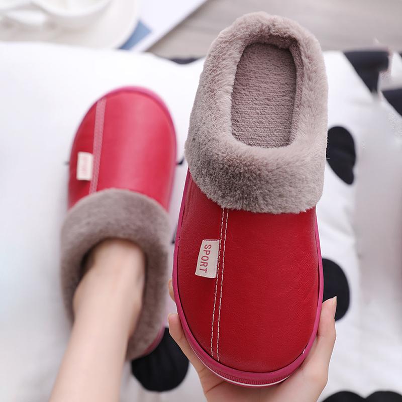 Women'S Slippers Indoor Warm Slippers Non-Slip Winter Ladies Leather Slippers Antifouling Couple Home Short Plush Flate Shoes