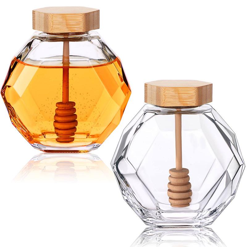 Boccetta di Vetro Esagonale Vuota per Miele con Bastoncino Mescolatore in Legno per Miele, Barattolo Trasparente Sigillante per Marmellata, Conservazione Cucina Casa 250G/500G/1000G