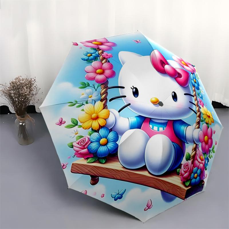 1pc Hello Kitty Floral Swing Design Automatic Opening/Closing Umbrella - Portable Folding Design with 8-Rib Iron Frame, Perfect for Outdoor Use, Festi