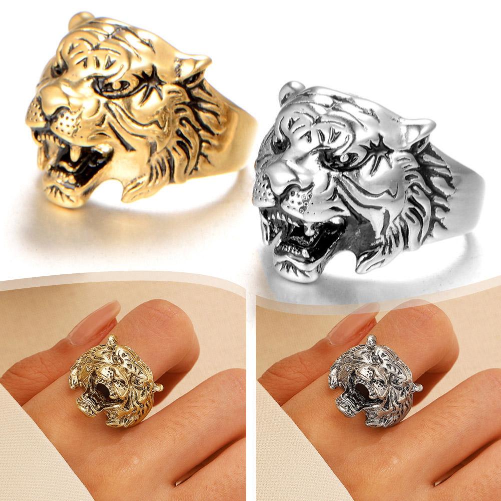 Tiger Ring for Men's Personality Exquisite Animal Jewelry Titanium Steel Retro Tiger Head Ring Antique Adjustable Open Ring 1PCS