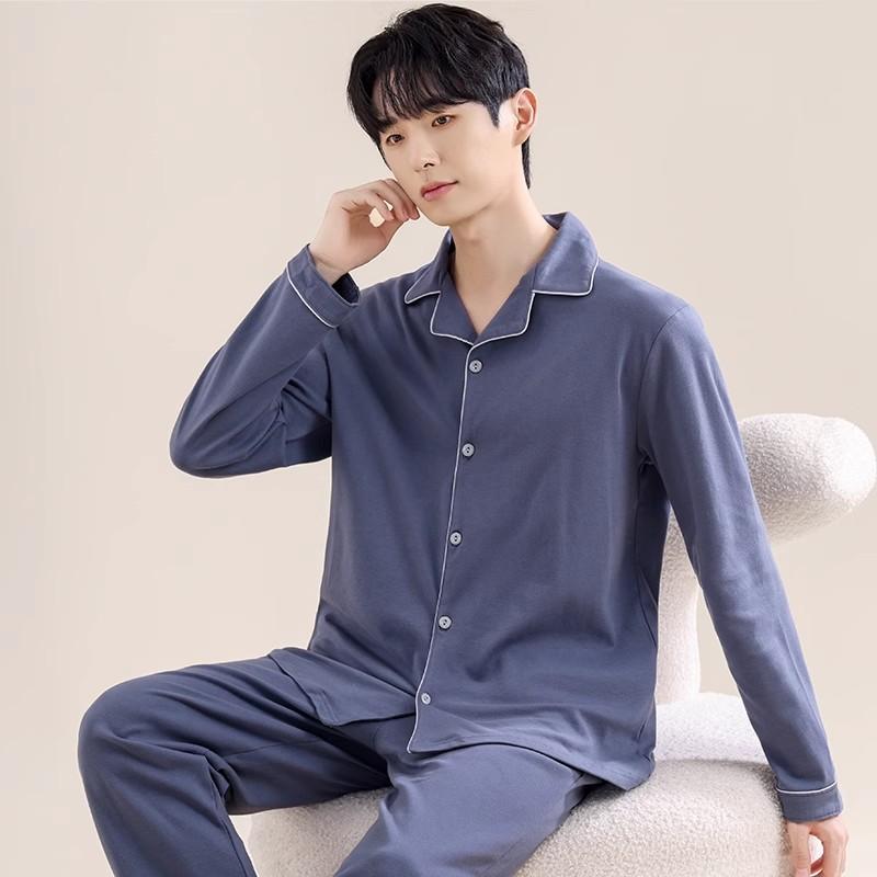 Fashion Brand Pajamas Suit Men Long-sleeved Pure Cotton Spring Autumn Gent Soft Cotton Summer Loungewear Set Male Nightcloth