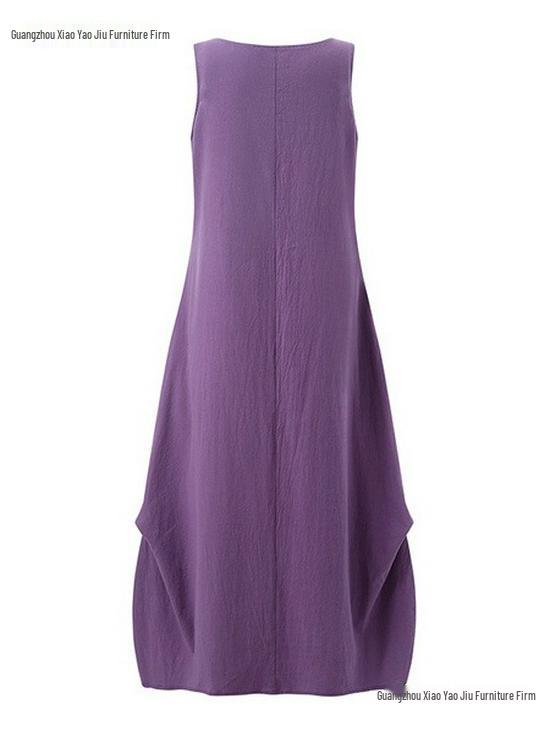 European & American 2026 Summer Women's Casual Cotton Linen Dress - Loose Fit, Wide Hem, Round Neck, Solid Color with Pockets.