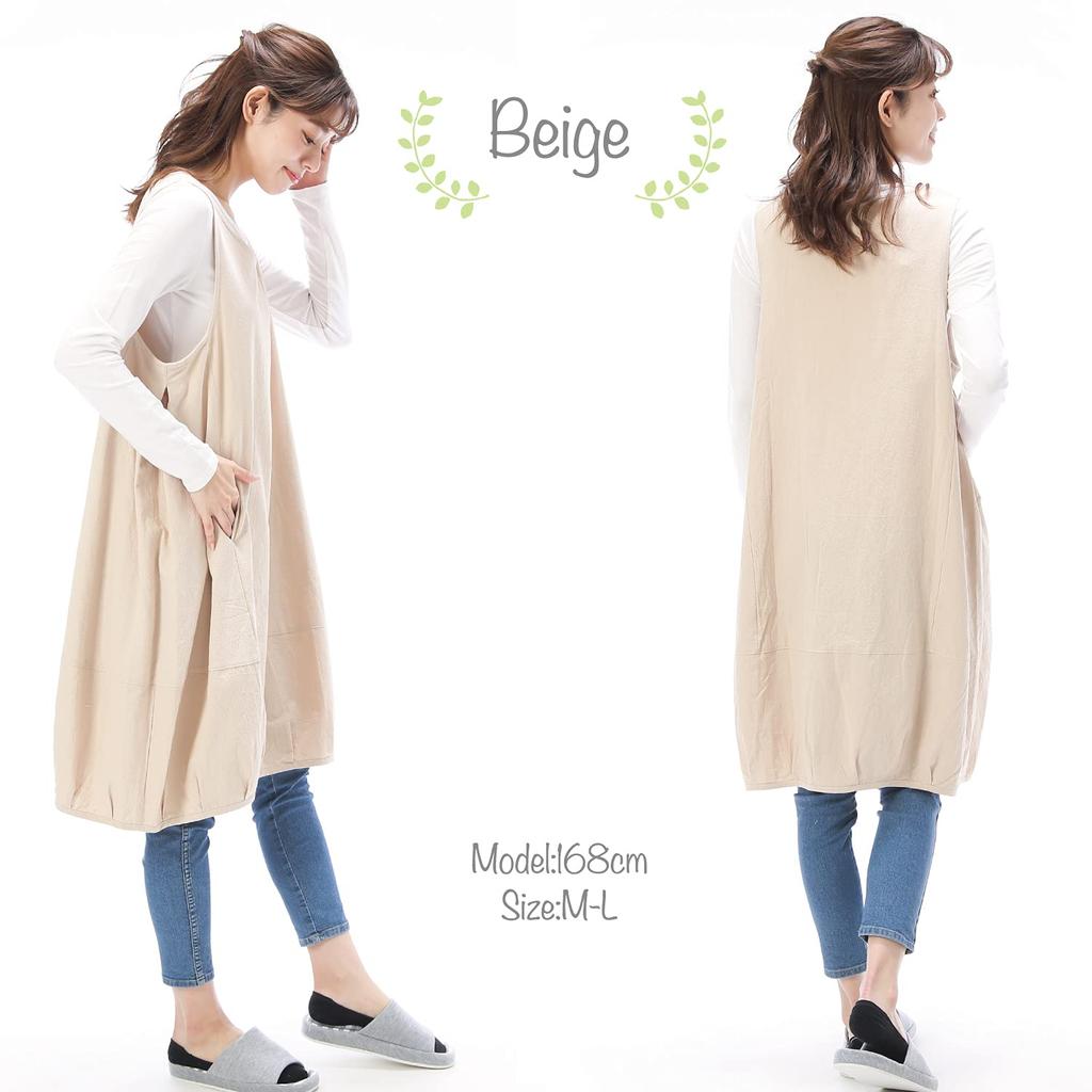 Tunic Gentle on Relaxed Long with Balloon Dress Apron [Nishiki] Apron, 100% Cotton, Skin, Fit, Length, Women's, Pockets, (Beige/ML/nw7020)