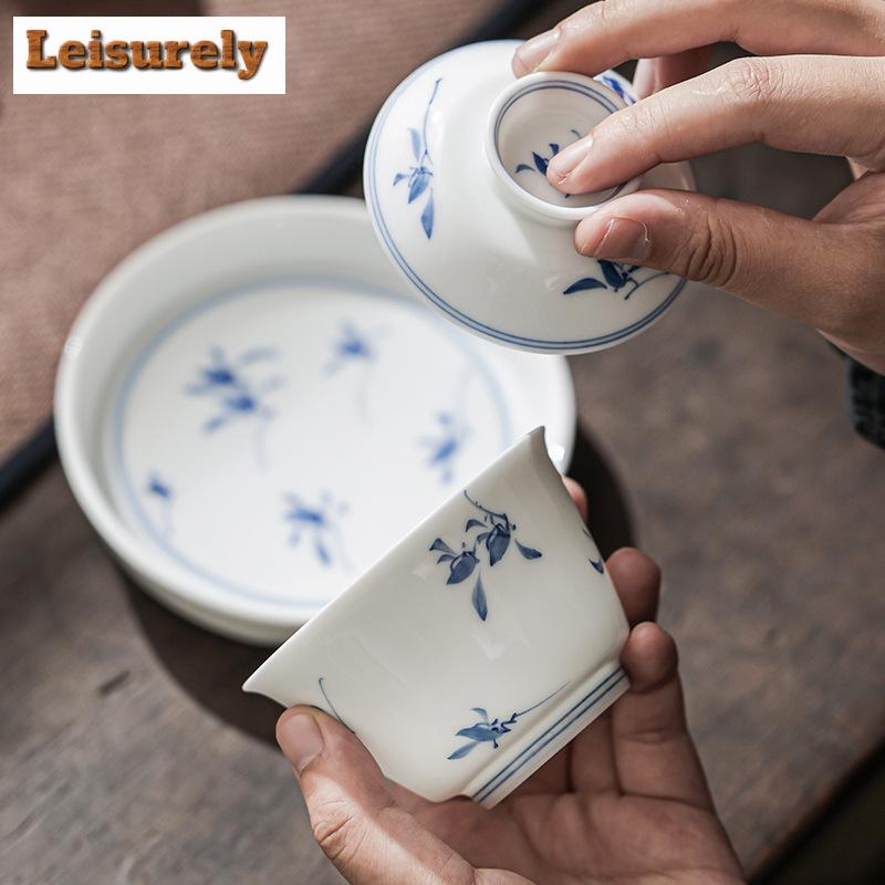 130ml Pure Hand-painted Butterfly Orchid Gaiwan Ancient Sancai White Porcelain Tea Tureen Tea Brewing Cover Bowl Teaset Ornament