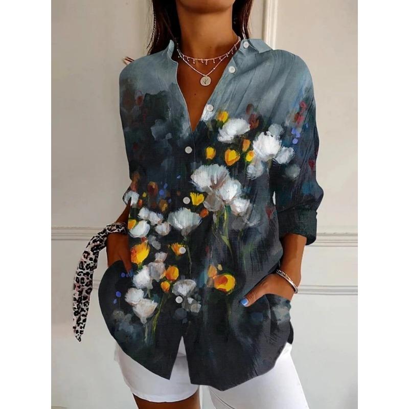 Fashionable Women's Floral Print Long-Sleeve Shirt Loose Fit Comfortable Breathable Long-Sleeve Shirt Casual Everyday Shirt