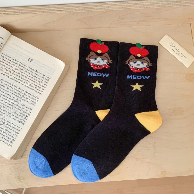 

Cute Cat Striped Socks for Women, Mid-calf Socks for Autumn and Winter, Trendy for Women, Dopamine Cartoon Boneless Women s Socks 1 pair чёрный