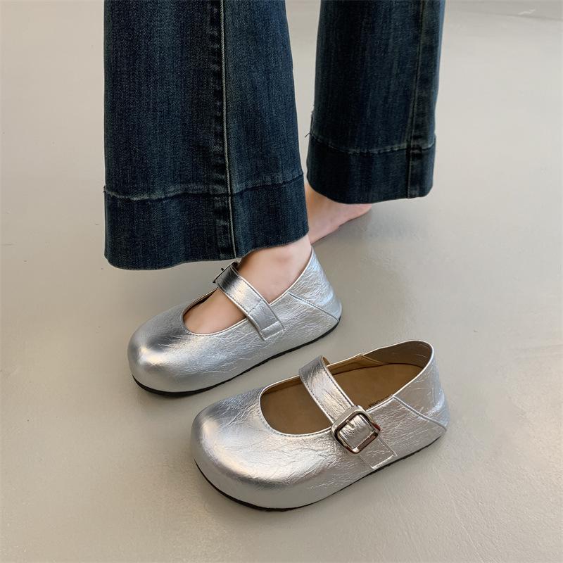 Mori Damenstil flache Einzel-Schuhe Damenrock Frühling 2025 neu Ein-Wort-Schnalle Weichleder Weichsohlen Mary Jane Schuhe