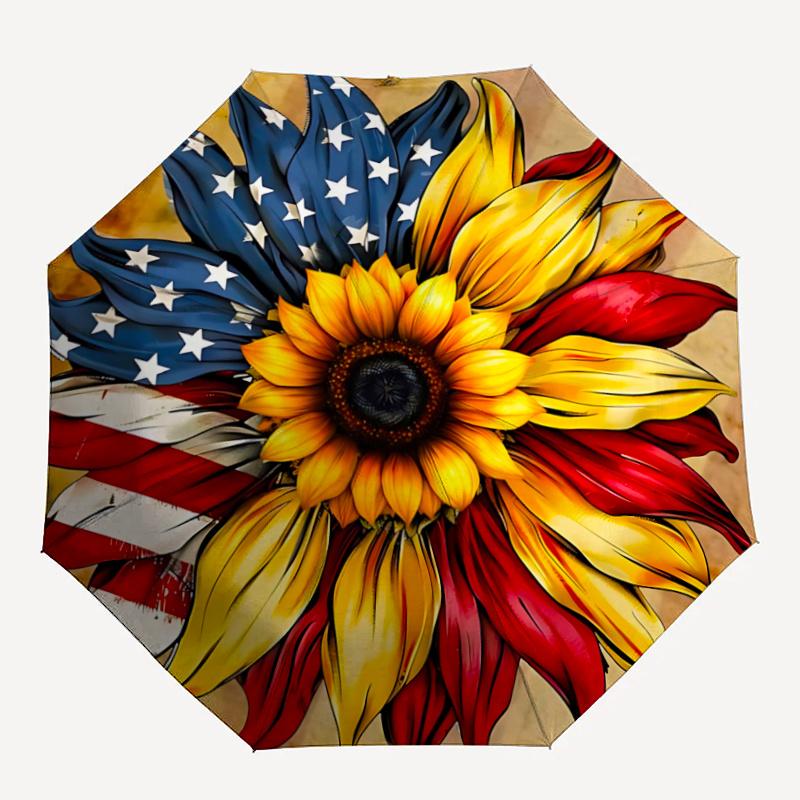 

1pc American Flag Sunflower Automatic Open/close Umbrella, 8-Rib sturdy structure, Artistic Pattern, Compact Design, Fashion Lovers l051