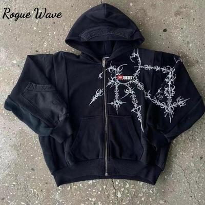 RogueWave Black Zip-up Hoodie Goth Skull Butterfly Pattern New In Hoodies & Sweatshirts Gothic Harajuku Couple Outfit Outerwears