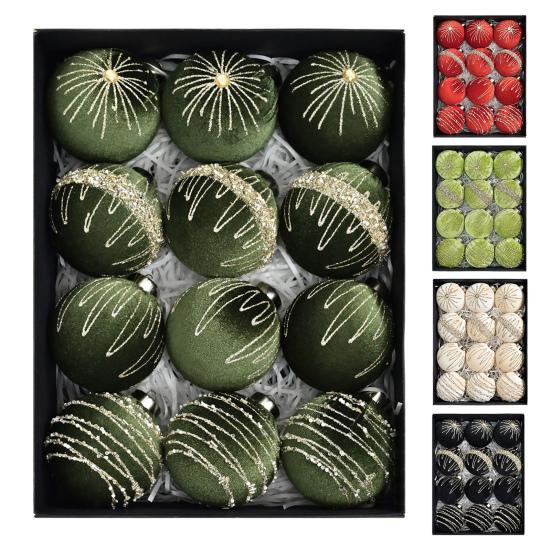 12Pcs Velvet Christmas Ball Ornaments Flocked Xmas Balls Shatterproof Plastic Balls Hanging Ornament for Xmas Wedding Party