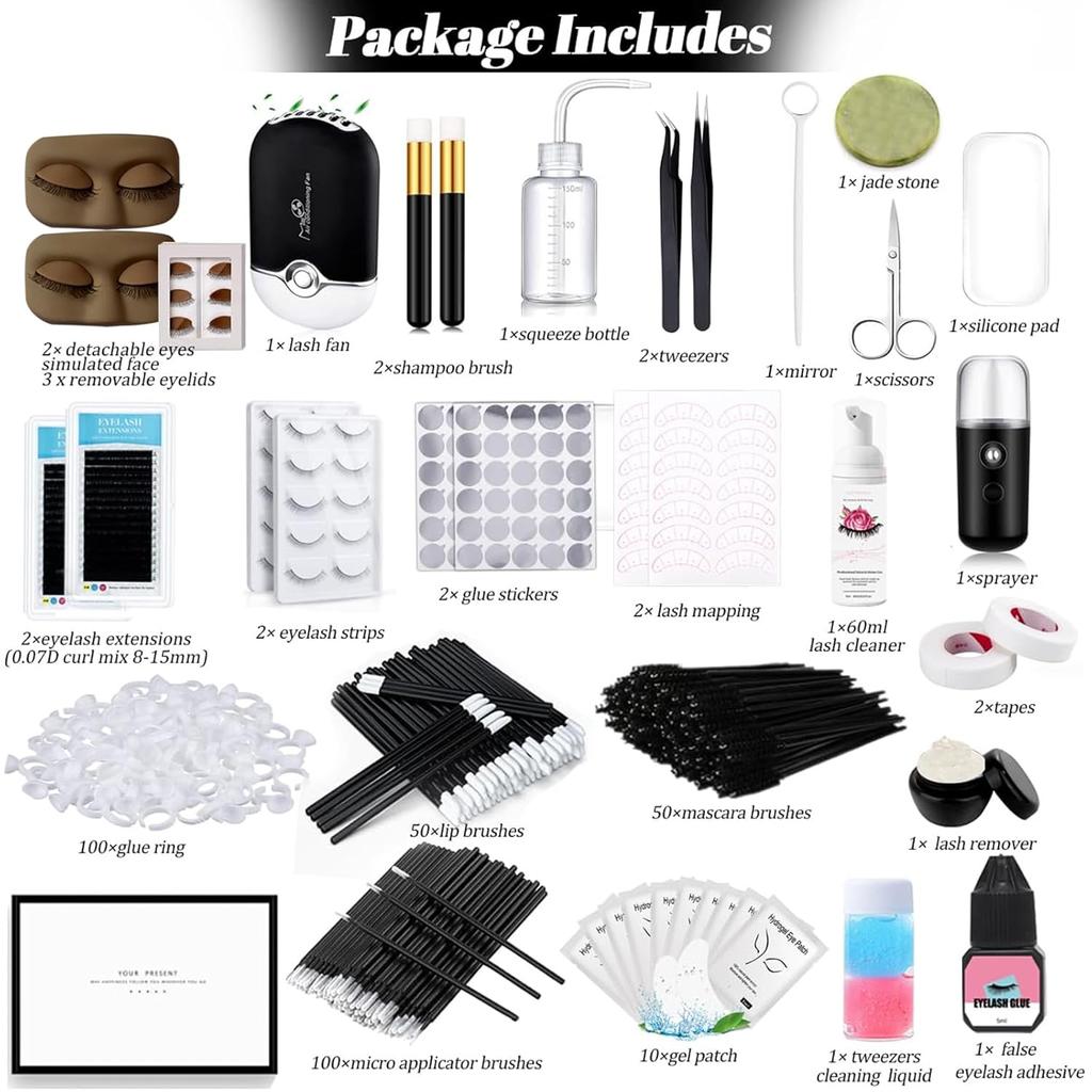 Lash Extension Kit for Beginners Lash Mannequin Head Replaced Eyelids False Eyelashes (Black Cotton Stalk) Practice Strips USB