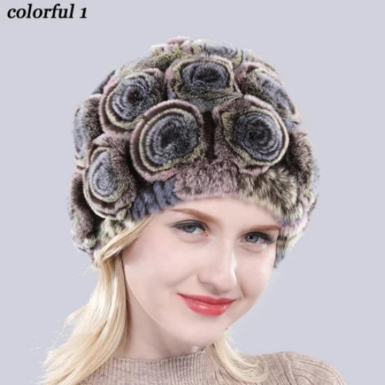 New Arrival Flowers Real Fur Hats Winter Russian Women Natural Rex Rabbit Fur Caps Lady Genuine Rex Rabbit Fur Beanies Cap