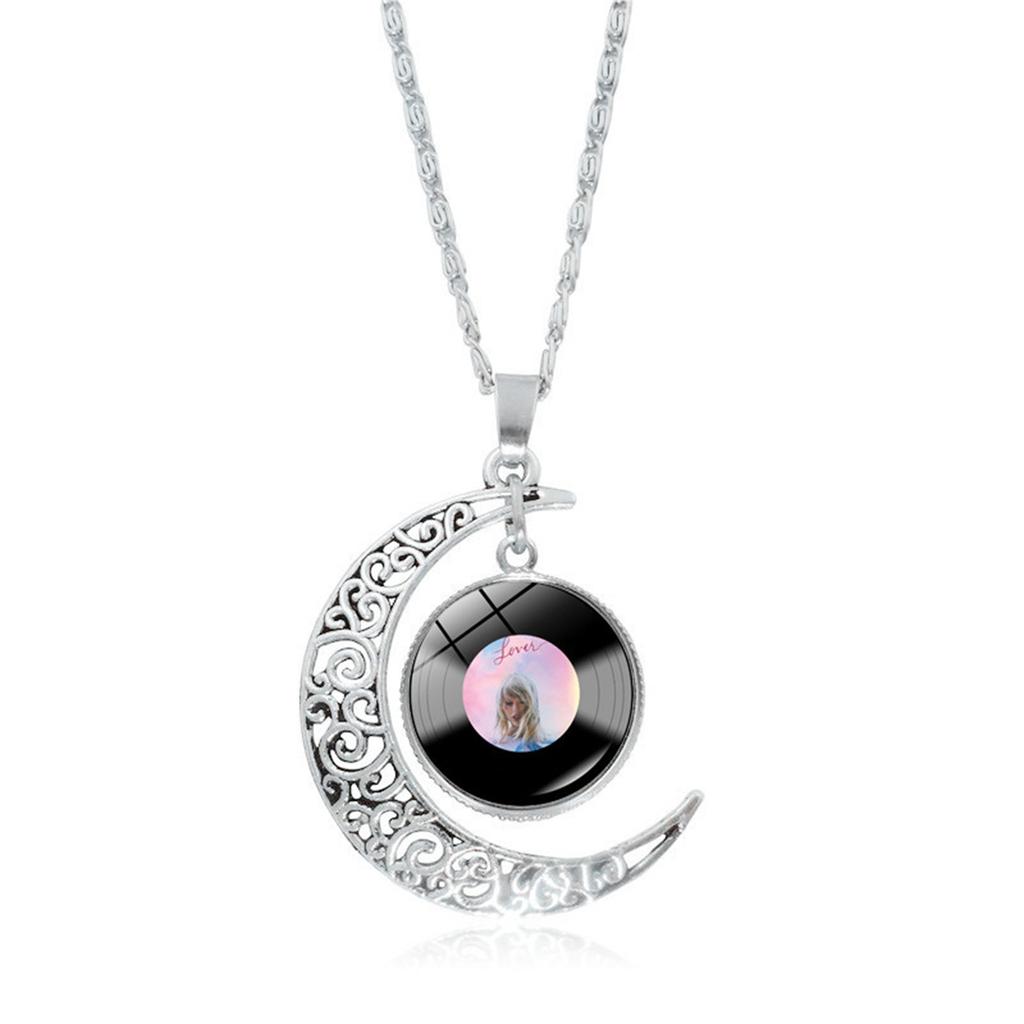 Fashion Jewelry Hollowed Out Moon Mold Black Vinyl Record Pendant Necklace