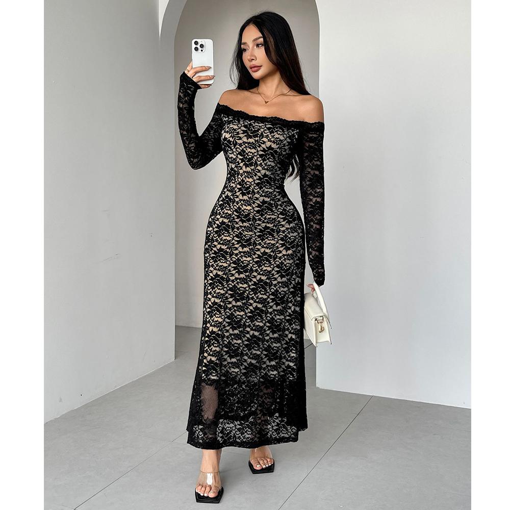 

Женское кружевное макси-платье Сексуальное с открытыми плечами Длинный рукав Облегающее Элегантное Свадебное Вечернее Платье для коктейля Длинное Прозрачное платье S чёрный