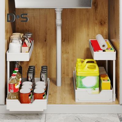 Kitchen Cabinet Pull-Out Storage Rack Under-Sink Organizer Large Capacity 2 Tier L-Shape Easy Installation Storage Organizer