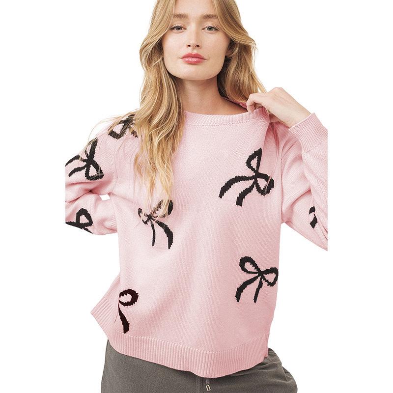 2025 Autumn New Women's Bow Print Loose Knit Sweater - Long Sleeve Sweet Style