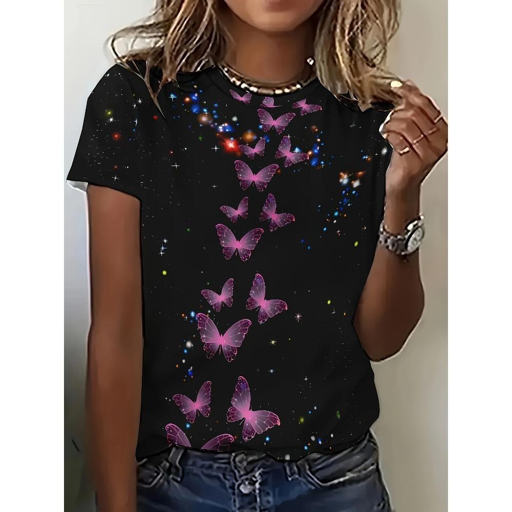 3D printed pattern T-shirt, summer and spring short sleeved round neck casual top, women's clothing