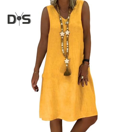 Lady Summer Dress Sleeveless V Neck A-line Solid Color Knee Length Midi Dress Pullover Vest Type Vacation Beach Dress